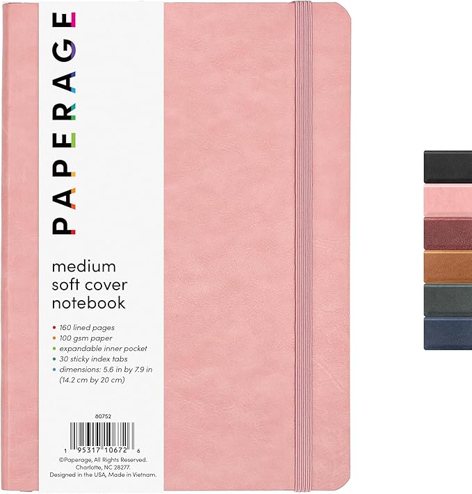 PAPERAGE Softcover Lined Journal Notebook (Blush), 160 Pages, Medium College Ruled Notebook, 5.6 inches x 7.9 inches - 100 GSM Thick Premium Paper, Soft Vegan Leather Journal for Home, Work & School