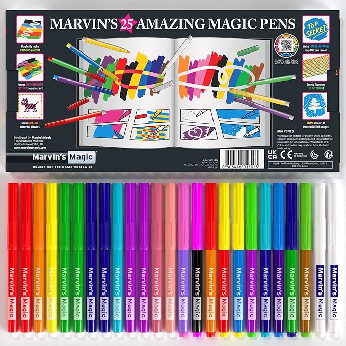 Marvin's Magic - Original x 25 Amazing Marker Pens - Color Changing Magic Pen Art - Create 3D Lettering or Write Secret Messages - Includes 25 Colour Changing Pens