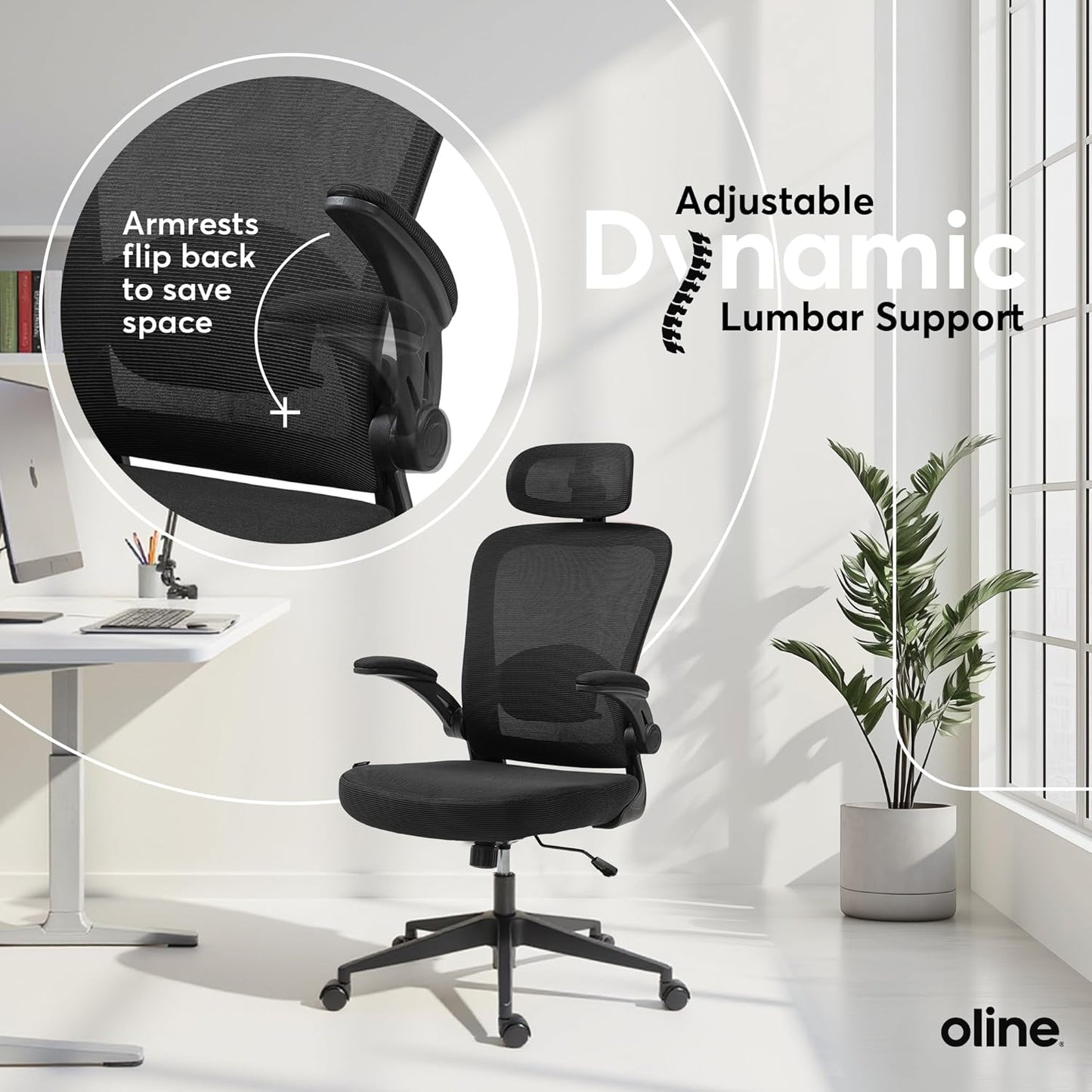 Oline ErgoAir Ergonomic Office Chair – Adjustable Lumbar Support, Flip-Up Armrests, Mesh Computer Desk Chair, Swivel Rolling Executive Gaming Chair for Home & Office (Black)