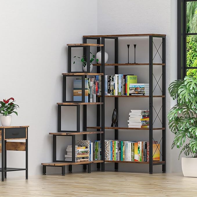 Large Corner Bookshelf Bookcase, Industrial Reversible 5 Tier Ladder Shelves Storage Display Rack with Metal Frame, Modern Home Office Furniture for Living Room Bedroom