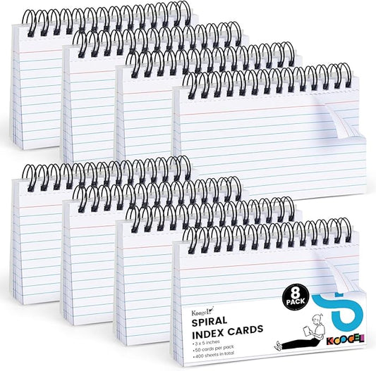 Koogel 400 Pages, 3 x 5 Inch White Learning Card Note Cards 8 Pack of White Paper Ring Bulk Index Cards for Home School Office