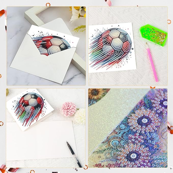 Tontut 6pcs Diamond Art Painting Kit Greeting Card, Football 5D DIY Diamond Handmade Holiday Sparkling Greeting Card with Envelope, Holiday Gift Congratulation