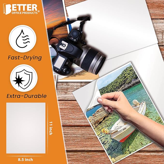 Better Office Products Self-Adhesive Photo Paper, Sticky Photo Paper, Glossy, 8.5 x 11 Inch, 100 Sheets, 135 gsm, Letter Size, 100 Count Pack