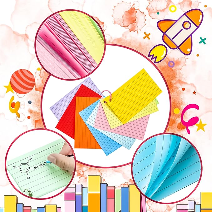 MotBach 600 Pieces Index Cards Flash Cards with Colorful Binder Rings,3" x 5", 10 Color Assorted Color Ruled Punched Memo Note Cards Lined Studying Record To Do List for Home School Office Supplies