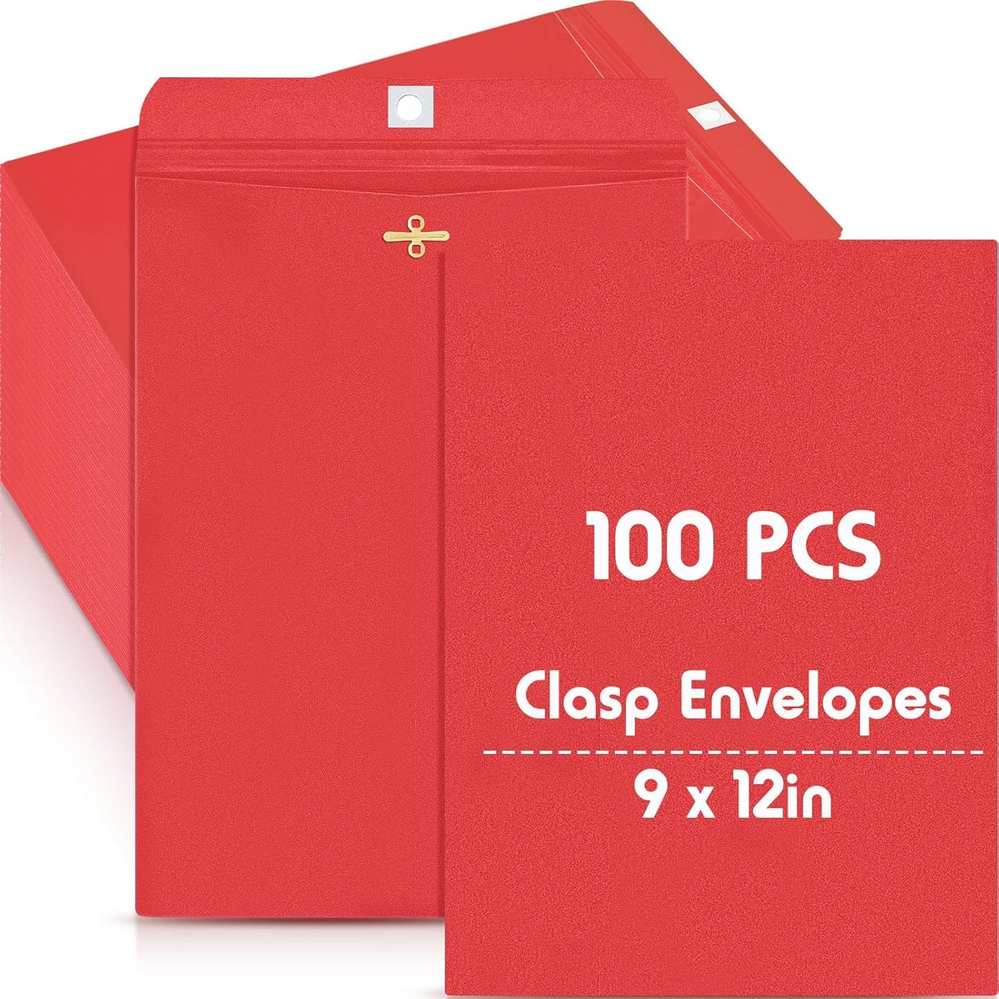 Geyee 100 Pcs Clasp Manilla Envelopes 9 x 12 Inch Gummed Colored Envelopes for Storing or Mailing for Home Office Business Supplies(Red)