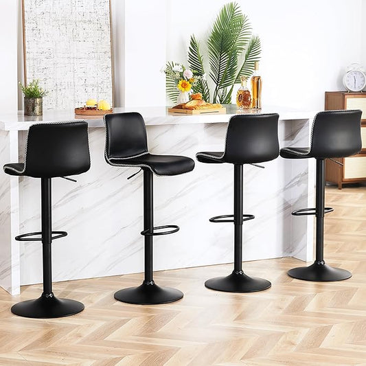 HeuGah Swivel Bar Stools Set of 4, Counter Height Bar Stools with Back, Adjustable Bar Stools 24" to 32", Black Faux Leather Bar Chairs for Kitchen Island (Black, Set of 4 (24'' to 32''))