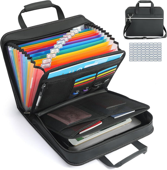 SEEKIND PU Leather Accordion File Organizer with Handle & Strap，12 Pockets Expanding File Folder with Zipper & Labels，Portable Document Organizer File for Letter A4 Files
