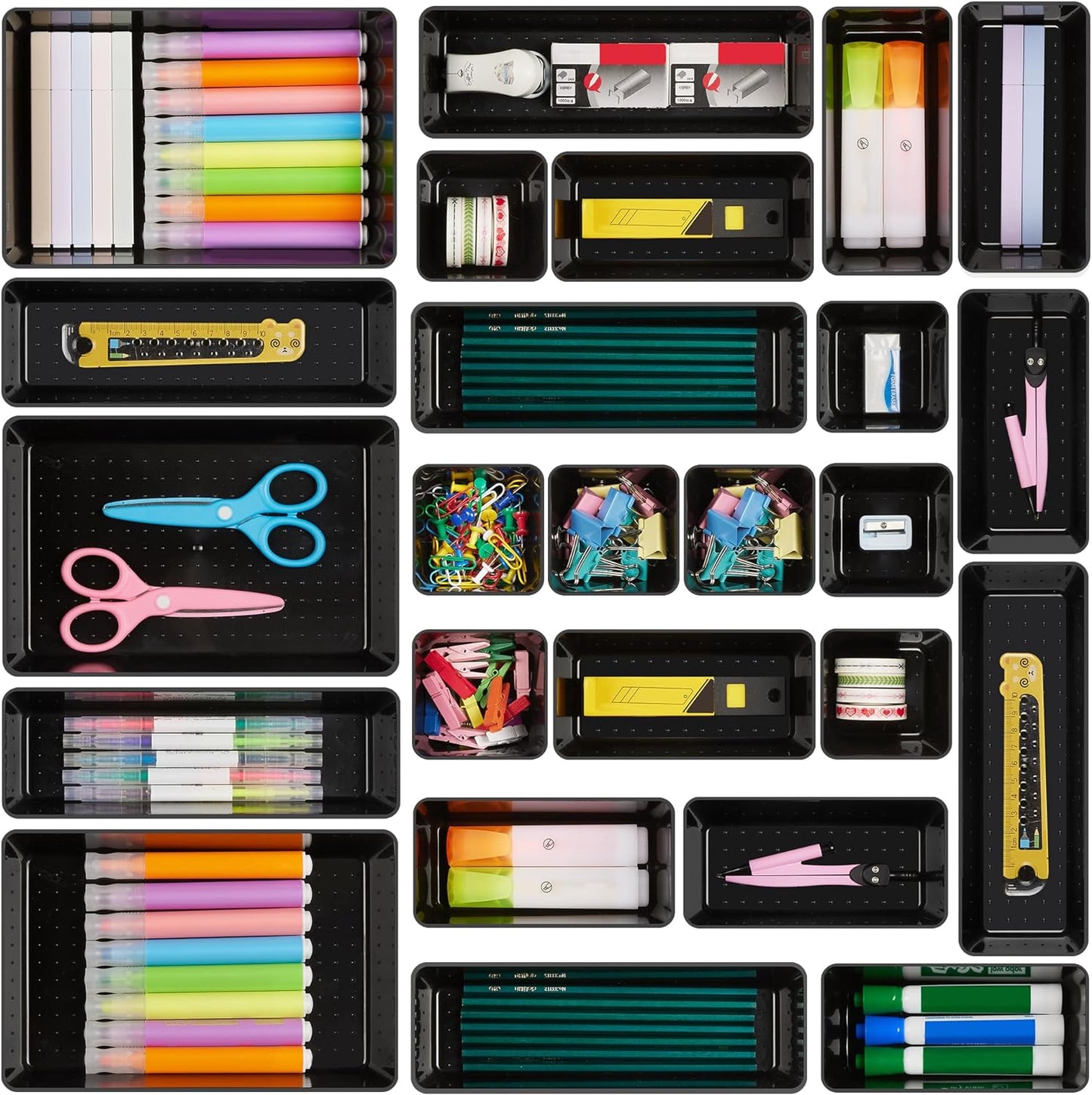 Vtopmart 25 PCS Office Desk Drawer Organizers Set, 4-Size Versatile Plastic Drawer Organizer Trays, Storage Bins for Desk Accessories Office Organizers and Storage, Bathroom, Makeup, Vanity, Black