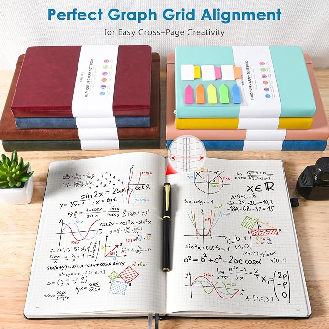 Graph Paper Notebook, 312 Numbered Pages B5 Hardcover Leather Journal, 100gsm No Bleed Grid Paper Notebook with Index Pages, Grid Notebook for Graphing Notes Math, 7.6'' X 10'', Blue