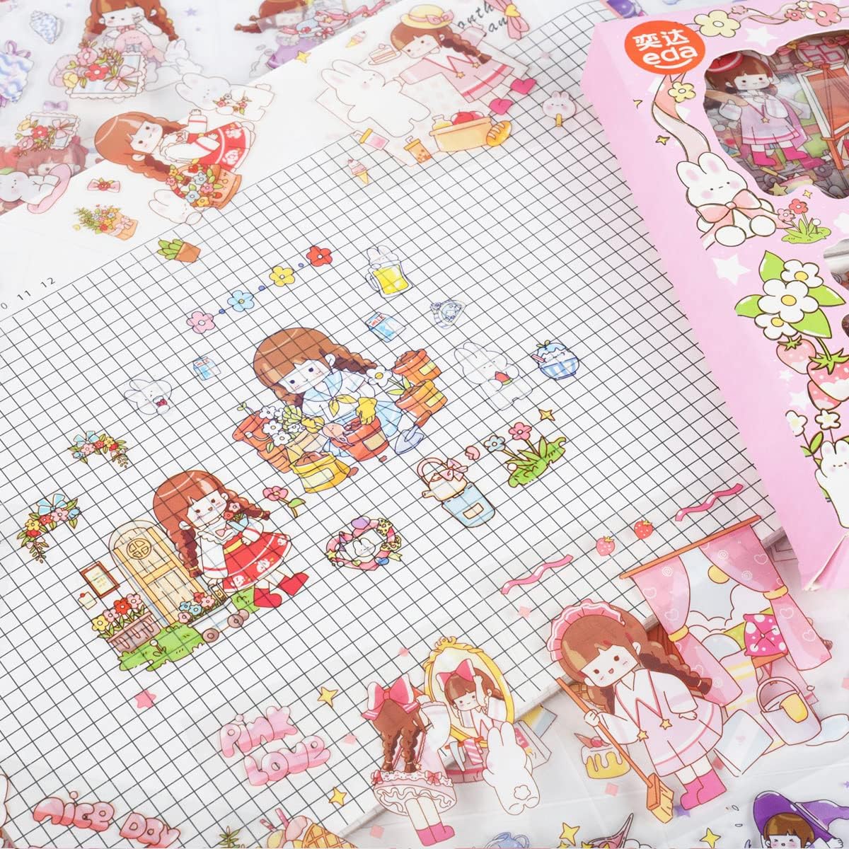 Kawaii Cute Cartoon Girl Stickers - 100 Sheets PET Aesthetics Decoration Journals Supplies Sticker for Dairy Bullet Album Journal Scrapbooking Calendars Phone Case Laptop DIY Crafts