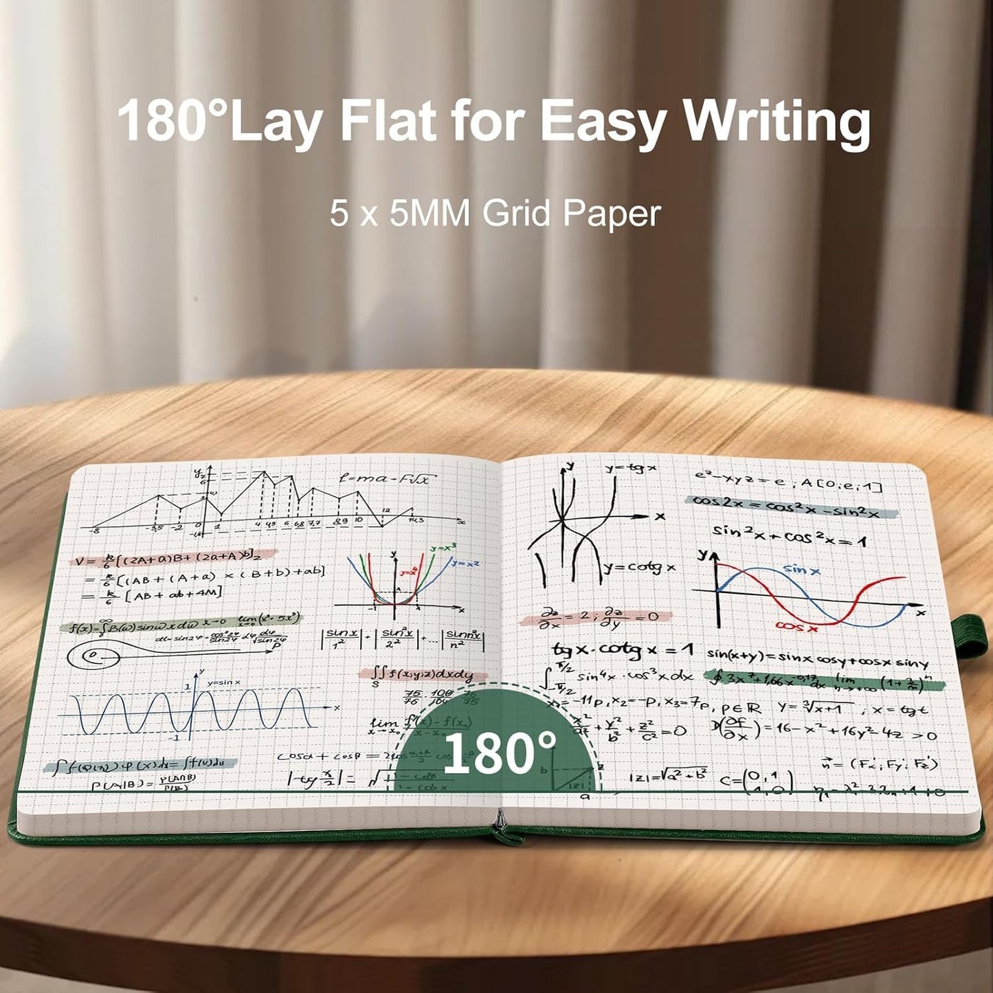 AHGXG Graph Paper Notebook - Grid Notebook Journal A5, 120 GSM Thick Graph Paper, 160 Pages, Leather Hardcover, for Graphing, Writing, Math, Engineering, 5.75'' × 8.38''- Green