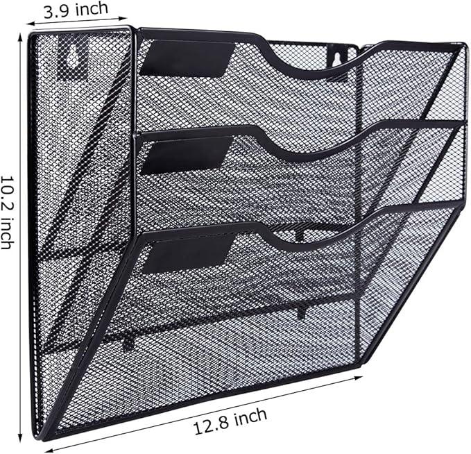 EASEPRES 3 Pocket Mesh Hanging Wall File Organizer, Wall Mounted Mail Paper Document Folder Holder, Clipboard Storage Organization Magazine Rack with Nametag Label for Office Home School, Black