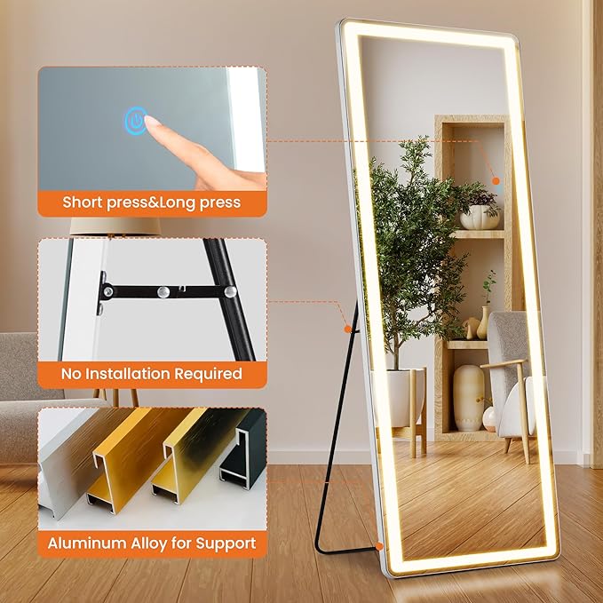 ALPEN LED Full Length Mirror with Lights, 71" x 26" LED Floor Mirror with Stand, Full Body Dressing Mirrors with Dimming & 3 Color Lighting, Hanging Mounted Mirrors for Living Room Bedroom Cloakroom