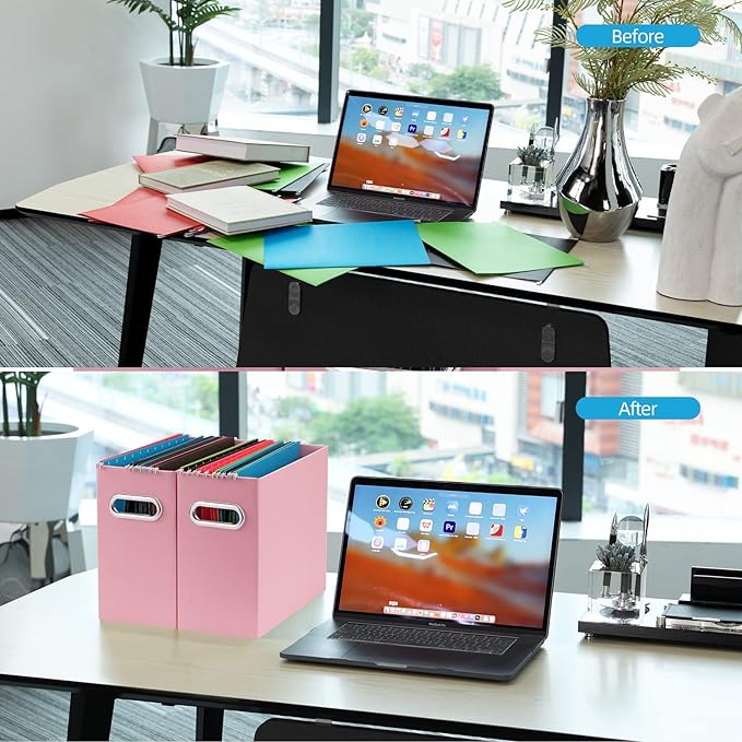 Oterri File Organizer, Small Storage Box, Cardboard File Folder Organizer, Collapsible File Box, Hanging File Organizer for Letter Size, Portable File Box with Handle, Only Box（Pink，2 Packs）