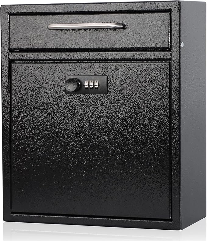 KYODOLED Steel Combination Lock Mail Boxes Outdoor,Locking Wall Mount Mailbox,Security Key Drop Box,12H x 10.51L x 4.68W Inches,Black Large