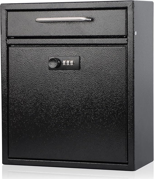 KYODOLED Steel Combination Lock Mail Boxes Outdoor,Locking Wall Mount Mailbox,Security Key Drop Box,12H x 10.51L x 4.68W Inches,Black Large