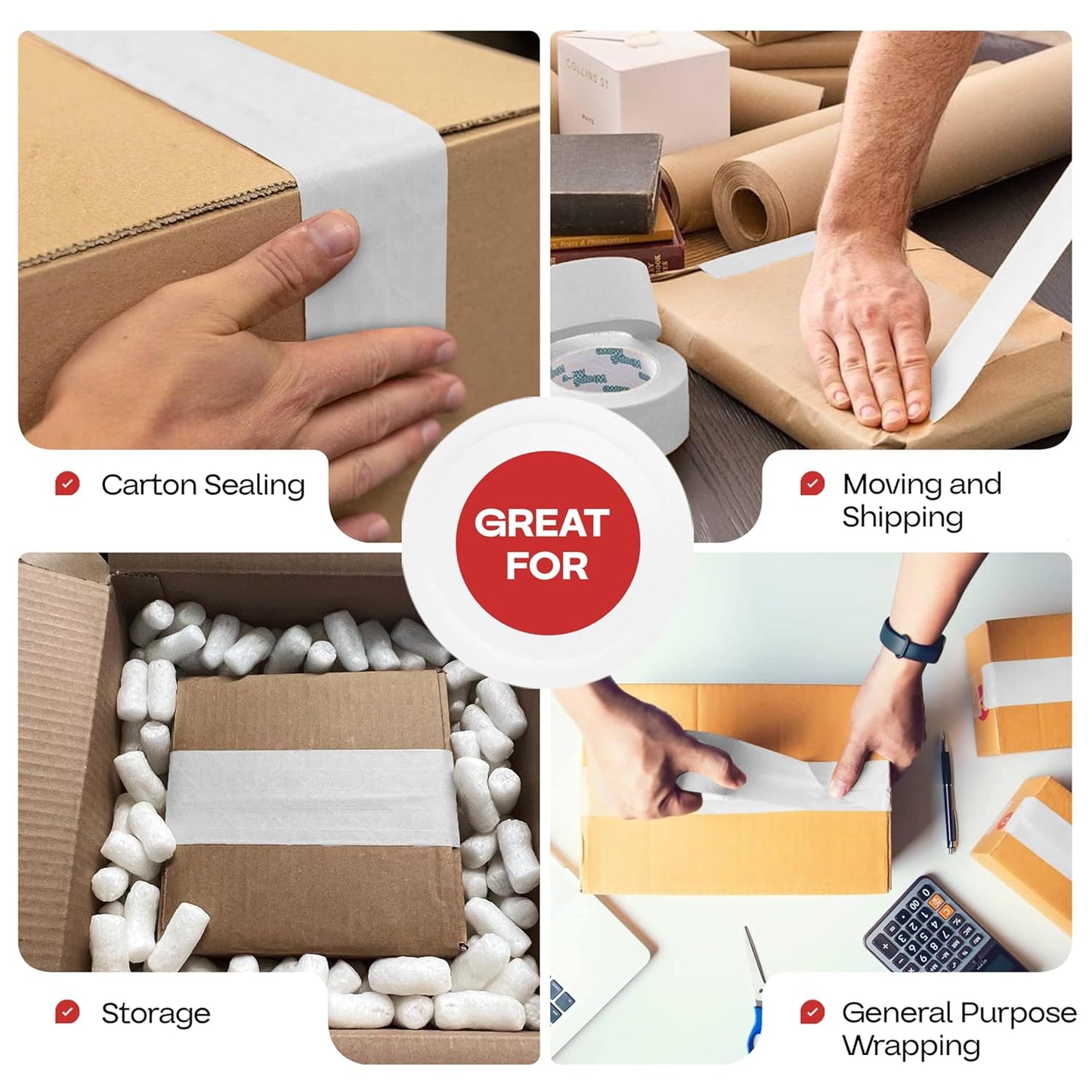 IDL Packaging 2.83" x 450 feet Reinforced Water-Activated Kraft Gummed Tape 30lb Thickness (Pack of 2) - Secure Paper Packing Tape for Secure Carton Sealing - Heavy-Duty for All Conditions, White