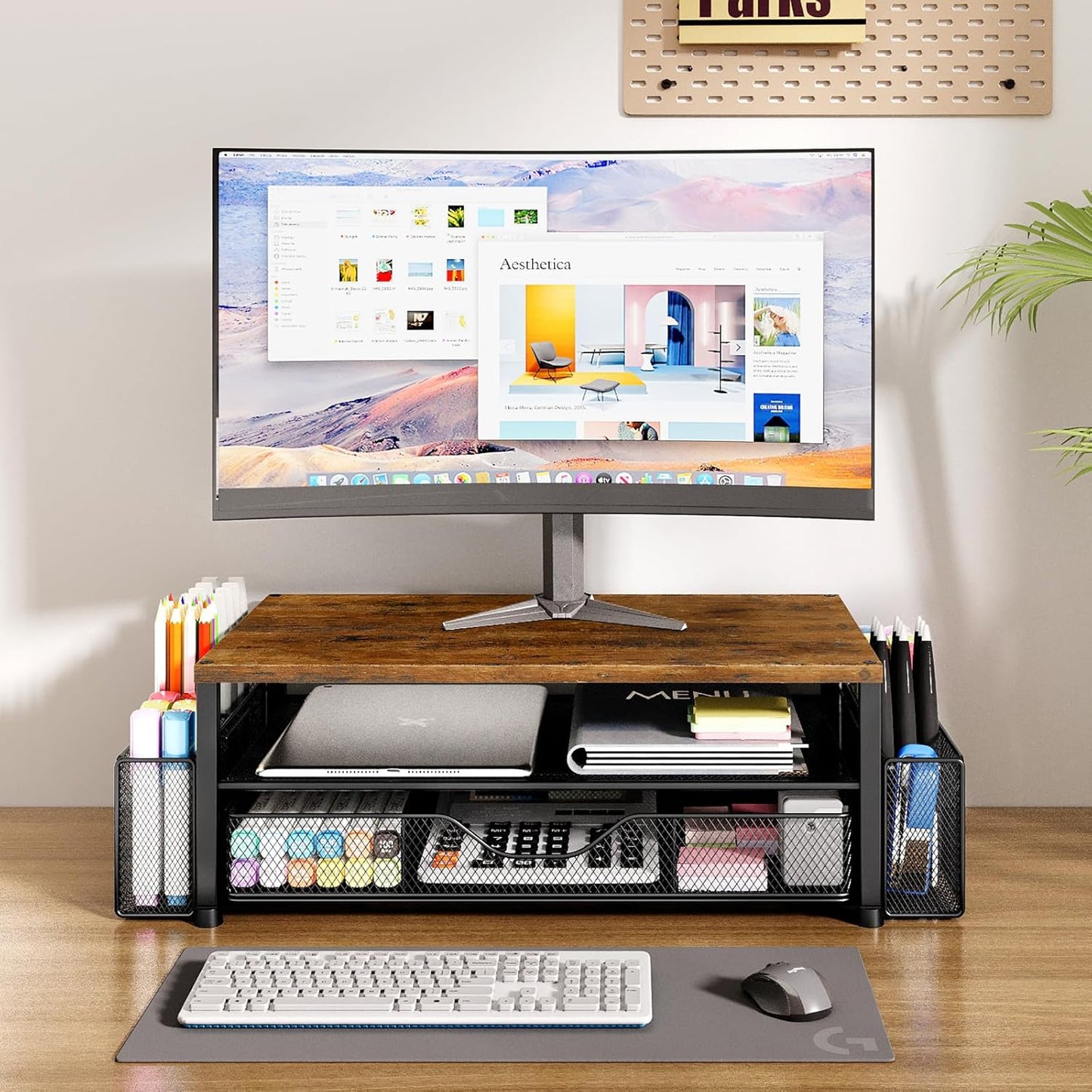 Desk Organizers and Accessories, 2-Tier Computer Monitor Stand Riser with Drawer and 2 Pen Holders, Laptop Stand, Office Desk Accessories for Office Supplies, Brown