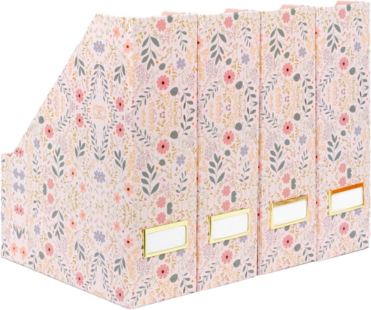 BLU MONACO Foldable Magazine File Set of 4 with Floral Boho Design – Decorative Cardboard Magazine Organizer for Home, Office & Dorm Room – Artistic Magazine Storage Solution