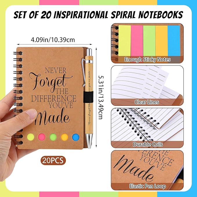 20 Sets Employee Appreciation Gifts Inspirational Spiral Notebooks with Sticky Notes Notepads Motivational Bamboo Ballpoint Pens for Nurse Coworker Teacher (NEVER FORGET)