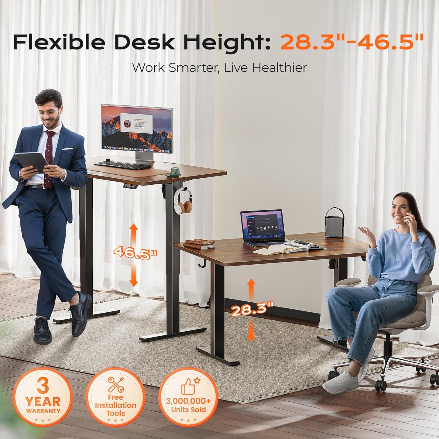 Huuger 48 x 28 Large Electric Standing Desk, Height Adjustable Desk, 27.6" Deep Desktop, Stand up Gaming, 2 Hooks, 3 Preset Heights, for Home Office, Rustic Brown