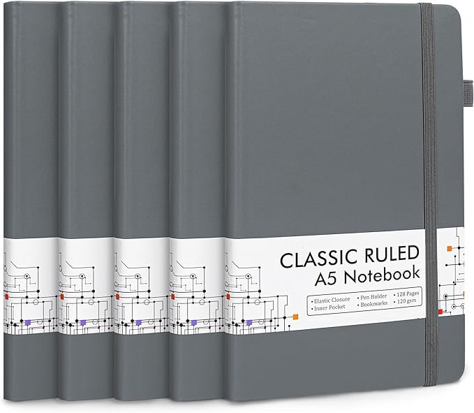 feela 5 Pack Journal Notebook Bulk for School, Hardcover Business Notebooks Classic Ruled Lined Journals with Pen Holder for Work Note Taking, with 5 Black Pens, 120 GSM, 5.1”x8.3”, A5, Gray