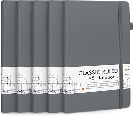feela 5 Pack Journal Notebook Bulk for School, Hardcover Business Notebooks Classic Ruled Lined Journals with Pen Holder for Work Note Taking, with 5 Black Pens, 120 GSM, 5.1”x8.3”, A5, Gray