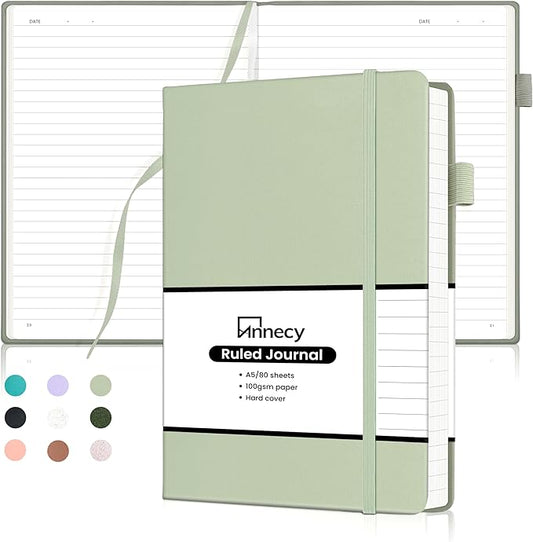 Annecy Lined Journal Notebook, Hardcover Numbered College Ruled Journal, Medium 5.5x 8.25, 160 Pages 100GSM Writing Paper, Grey Green