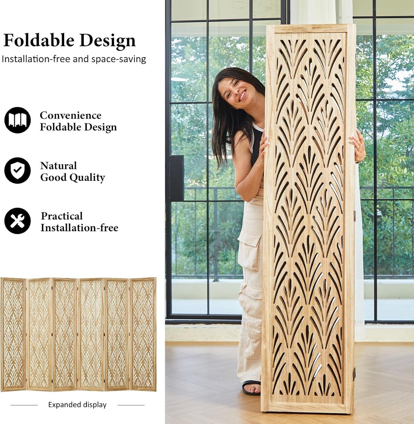 5.6Ft Room Divider Folding Wood Simple Carved Partition Screen for Home Office Garden - 6 Panels (Natural)
