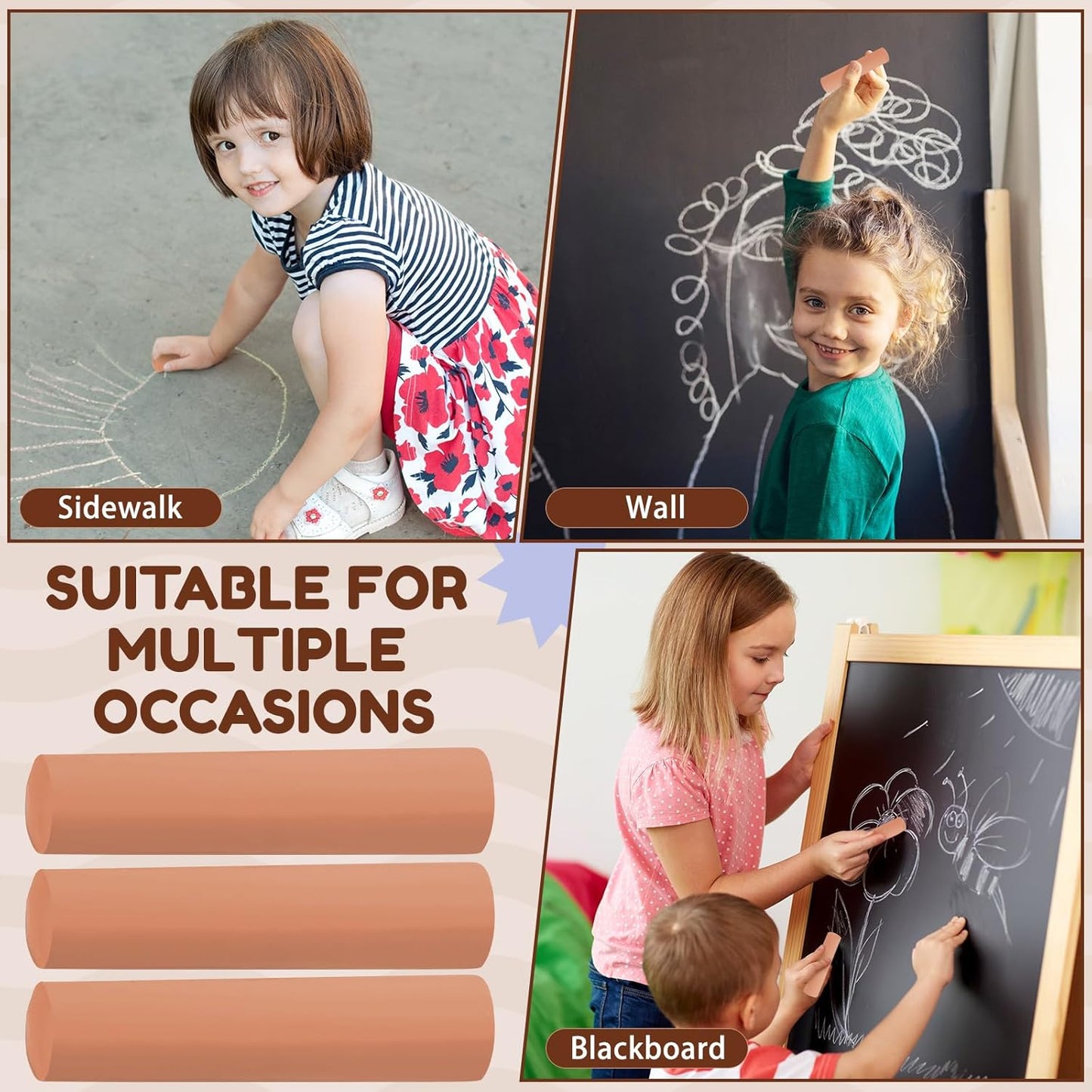 Fulmoon 40 Pcs Jumbo Sidewalk Chalk for Kids Outdoor Art Non Toxic Large Washable Street Chalk for Adults Drawing Painting Classroom(Light Tan,Round Style)