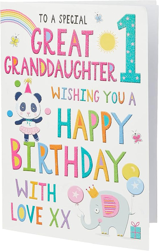 Regal Publishing Juvenile Birthday Card Age 1 Great Granddaughter - 9 x 6 inches,Yellow|White|red|Silver|Blue|Pink
