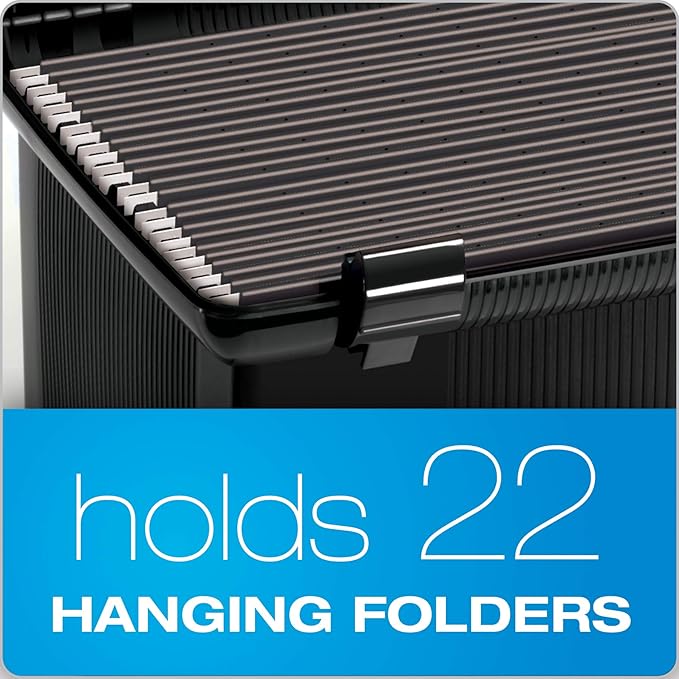 Pendaflex Portable File Box with File Rails, Simple Document Storage, File Bin for Home and Office, Hinged Lid with Double Latch Closure, Black, 3 Black Letter Size Hanging Folders Included (41742AMZ)