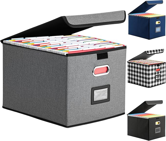 File Organizer Box with Lid, Collapsible File Folder with Plastic Slide for Office/Decor/Home, Hanging Office Document Storage, 14.96 x 12.6 x 10.83 inch，1 pack - without folders，Gray