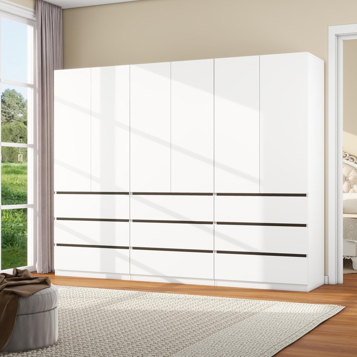 Bedroom Armoire Wardrobe Closet with 9 Drawers: White Wardrobe Closet with 6 Doors, Modern Cabinet for Clothes with Shelves, Wooden Armoire for Hanging Clothes (Modern, 3)