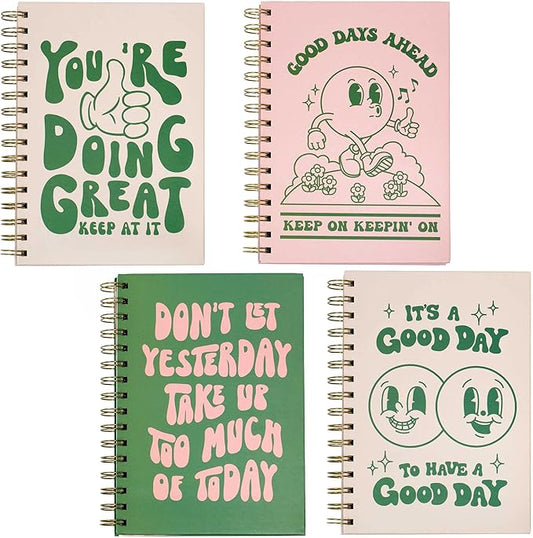 Pink Green Aesthetic Hardcover Notebooks for Work, A5 size 5.8 x 8.3 inch, Cute Notebooks for School 4 Pack, Retro Notebooks College Ruled, Cute Spiral Journal for Women, Kids Back to School Notebook