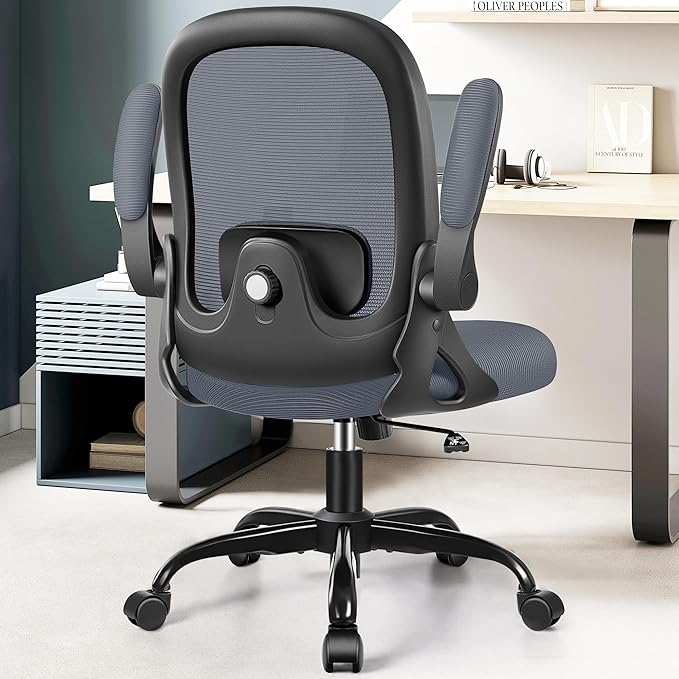 Office Chair Ergonomic Desk Chair with Adjustable 3D Lumbar Support and Height, Comfy Mesh Computer Chair with Flip-up Armrests, Swivel Rolling Task Chair with Wheels (Dark Gray)