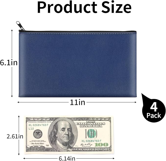 4 Pack Money Bags with Zipper, 11x6.1 Inch PU Leather Cash Pouch, Secure Bank Bag for Coins, Bills, Checks, Invoices, Cosmetics, Tools (Blue)