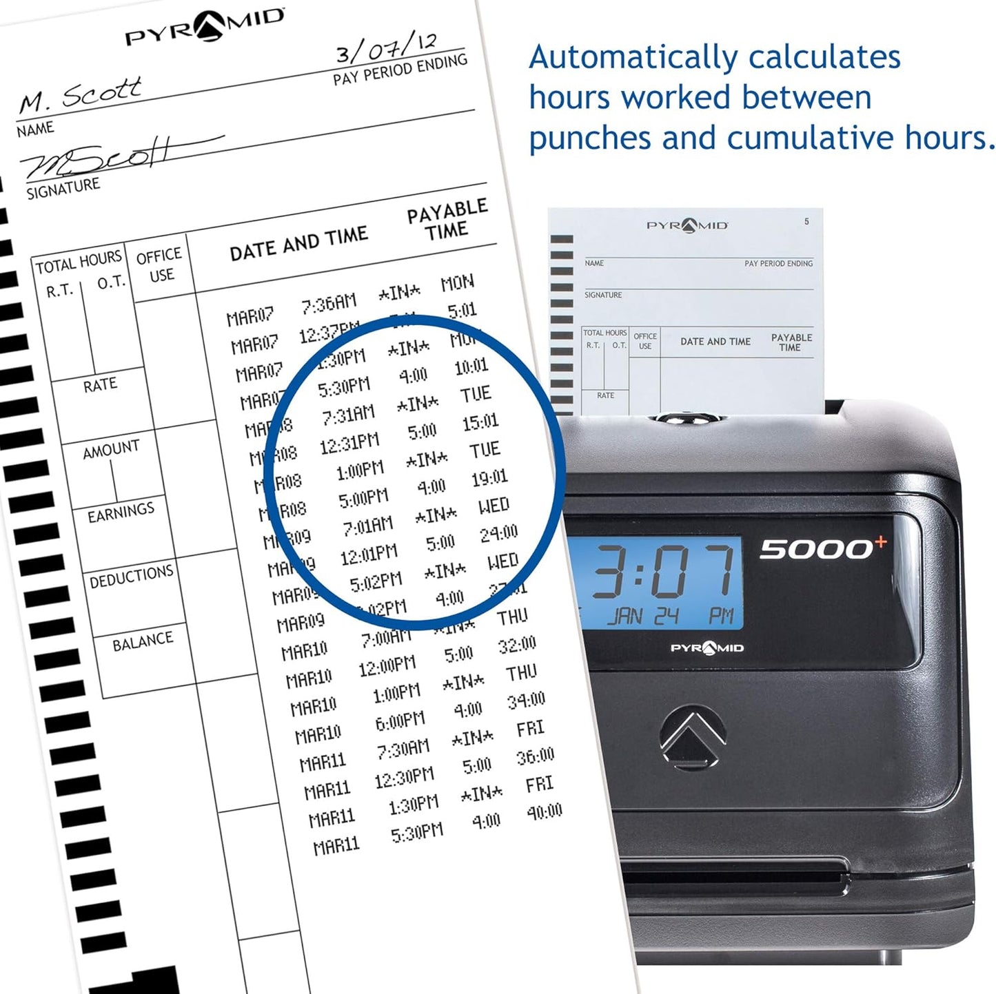 Pyramid Time Systems, Model 5000 Auto Totaling Time Clock, Handles up to 100 Employees, Made in USA, Black & 5000R Genuine Replacement Ribbon for 3550ss, 3600ss, 4000Pro, 5000, 5000HD Time Clocks