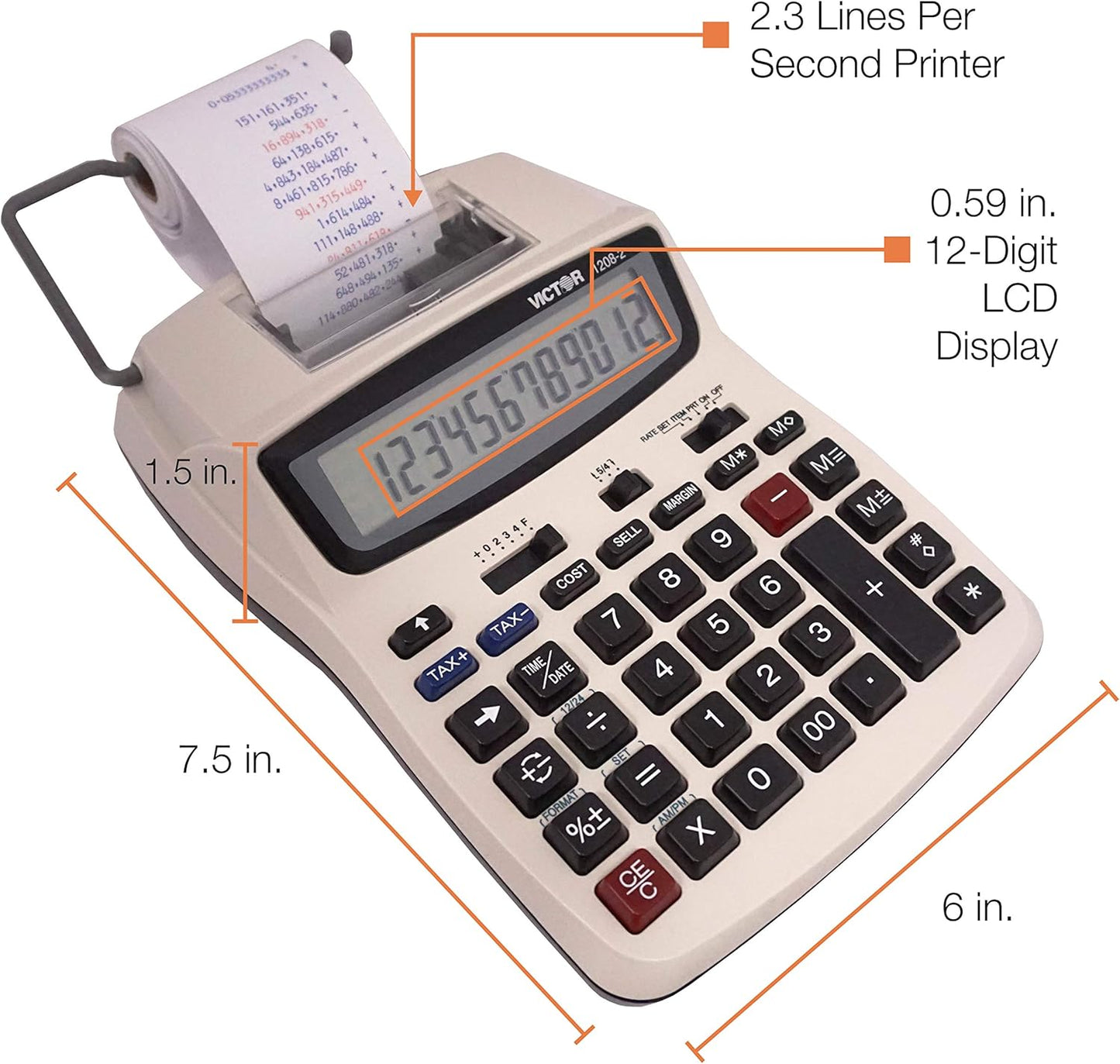 Victor Printing Calculator, 1208-2 Compact and Reliable Adding Machine with 12 Digit LCD Display, Battery or AC Powered, Includes Adapter,White