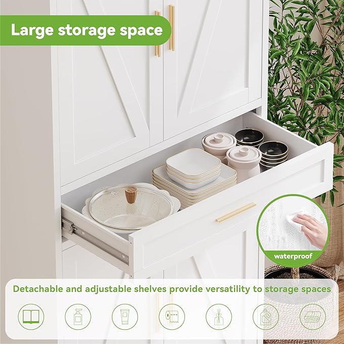 71" Tall Metal Storage Cabinet with Adjustable Shelves,Farmhouse Kitchen Pantry Cabinet with 2 Barn Doors and Drawer,Large Storage Cabinets for Dining Room,Bathroom,Living Room(White)
