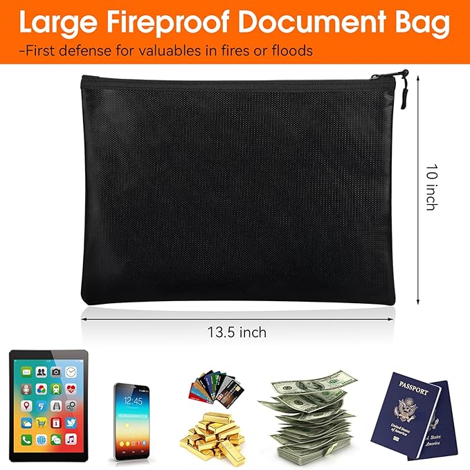 Fireproof Document Bag (10"x13.5" / 2000℉), Fireproof Waterproof Money Bag with Zipper, Premium Fiberglass, Fire Safe Storage for Documents, Passports, Cash, Valuables (Black)