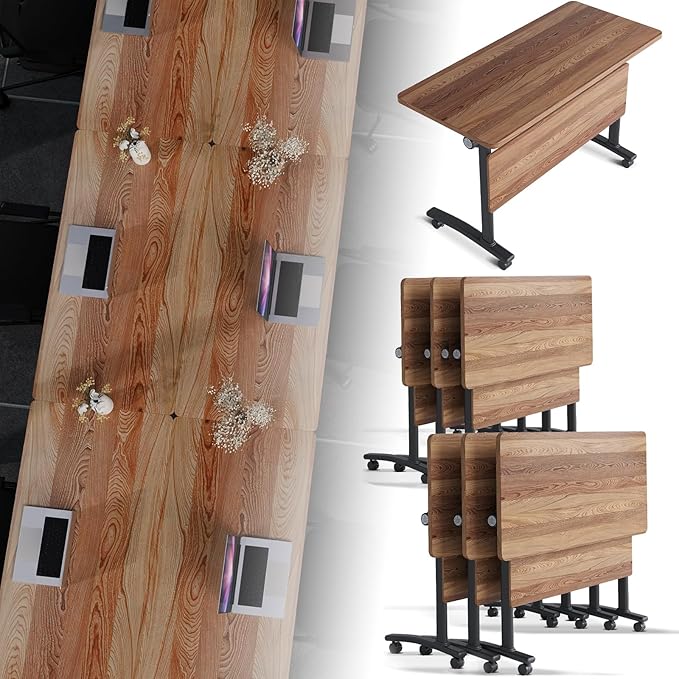 Folding Conference Room Table, Modern Conference Tables with Silent Wheels, Large Rectangular Mobile Training Tables for Office Classroom, Foldable Modular Boardroom Seminar Table (6pack L47.2in)