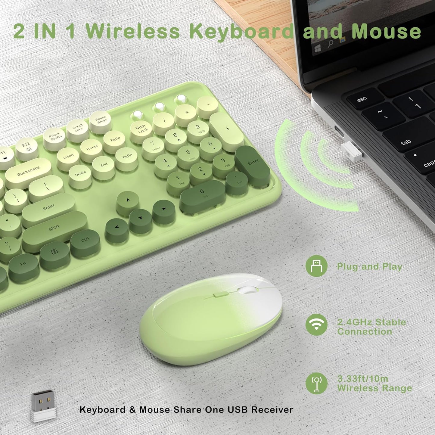 Colorful Wireless Keyboard and Mouse Combo, COVEVA 2.4GHz Wireless Retro Cute Round Keycaps Keyboard, 104 Keys Full-Sized Keyboard Mouse Set with Switch Button for PC Laptop Desktop (Green Gradient)