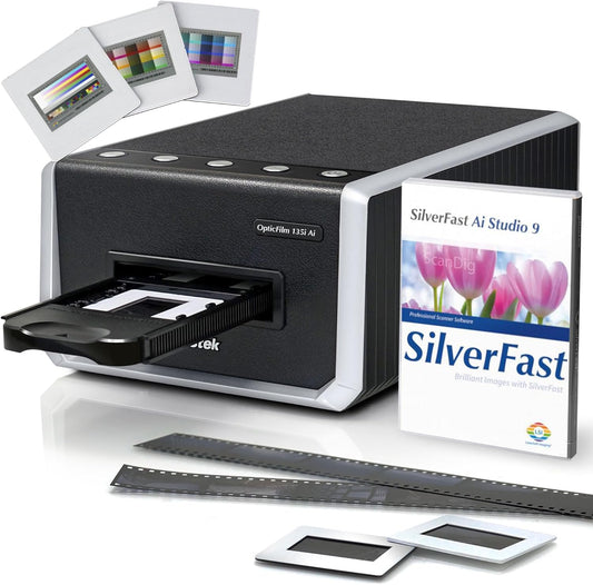 Plustek OpticFilm 135i Ai - Pro-Quality Film & Slide Scanner with 3rd Generation Lens System, Bundle SilverFast Ai Studio 9 + Advanced IT8 Calibration Target (3 Slide)