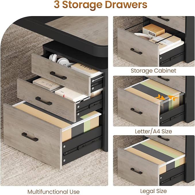 Itaar 70.9" Executive Desk, Large Computer Desk with Drawers and Lateral File Cabinet, Office Desk with Removable Shelves, Business Furniture Desk Workstation for Home Office, Gray