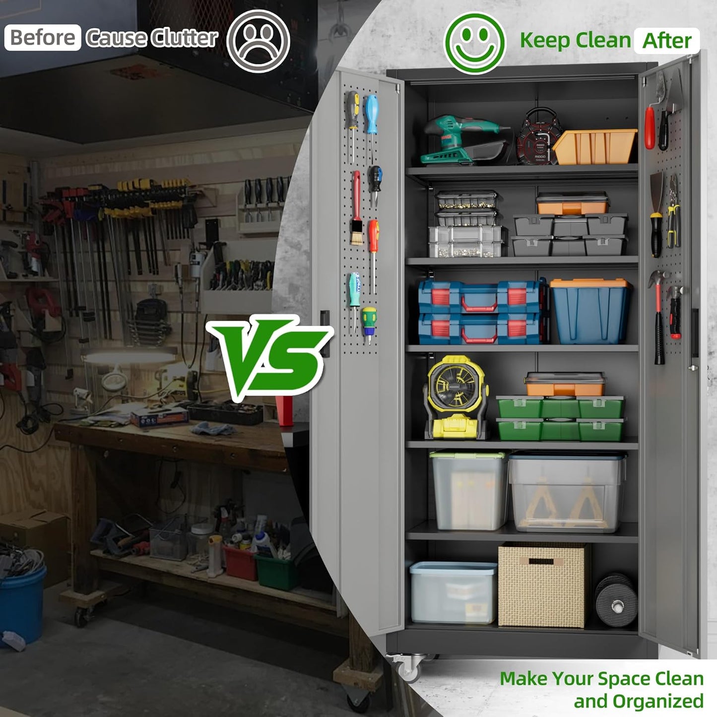 Aobabo Upgraded Garage Storage Cabinets with Wheels,Metal Storage Cabinets with 5 Adjustable Shelves for Garage Home Office Storage, Black&Dark Grey,71''H*32''W*16''D,Assembly Required