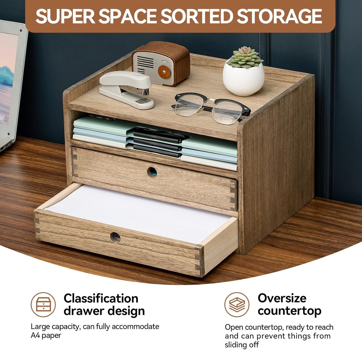 KIRIGEN Desktop Organizer Cabinet With 2 Drawers & Tray - Wood Office Desk Storage Shelf for Office Supplies - Small Cabinet for Countertop Accessories Storage 3 Layer Dark Brown（DT3D2C-DBR）