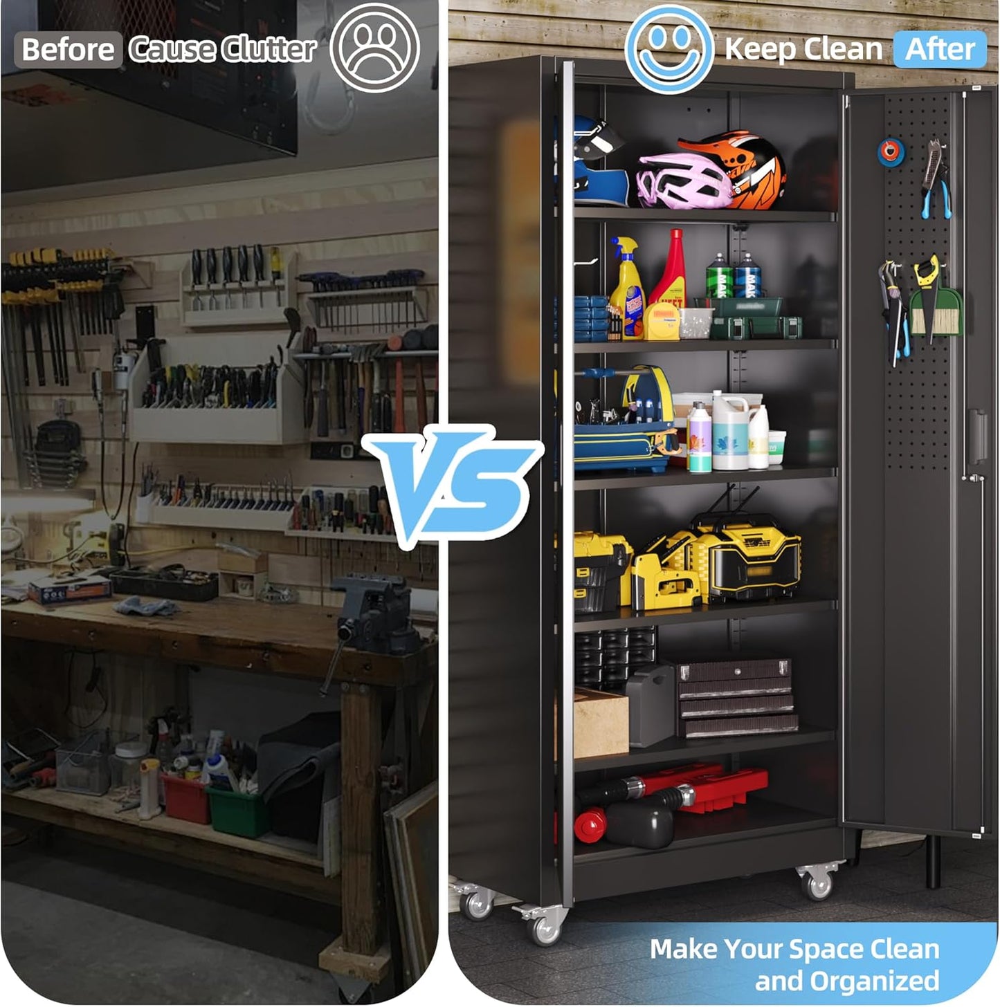 Aobabo Upgraded Garage Storage Cabinets with Wheels,Metal Storage Cabinets with 5 Adjustable Shelves for Garage Home Office Storage, Black,71''H*32''W*16''D,Assembly Required