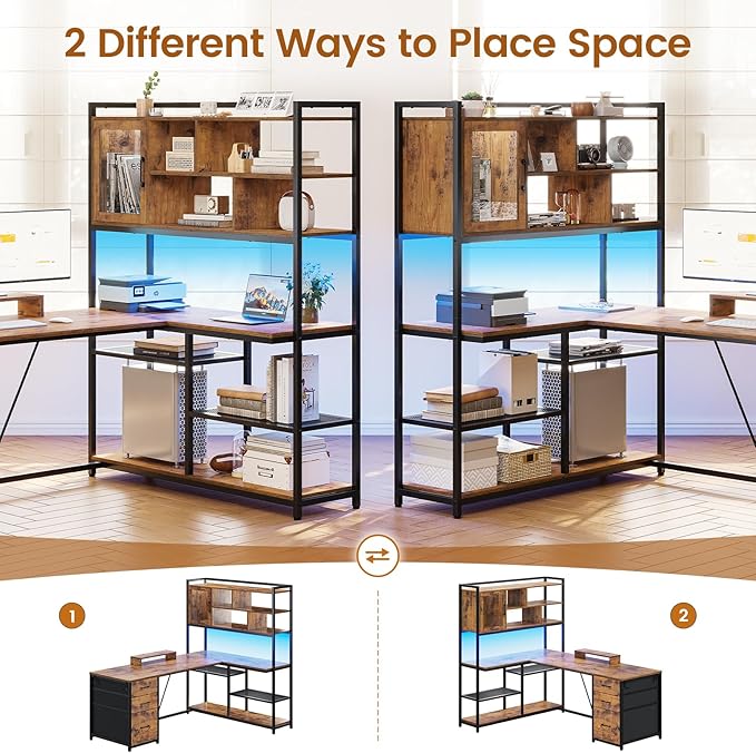 SEDETA L Shaped Computer Desk, 58'' Office Desk with 3 Drawers and Bookshelf, L Shaped Corner Desk with Storage Shelves and LED Light for Home Office, Gaming Desk, L Desk, Rustic Brown