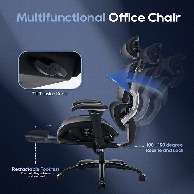 COLAMY Ergonomic Mesh Office Chair with Footrest, Executive High Back Computer Desk Chair with Wide Headrest and Adjustable 3D Arms, Backrest, Tilt Lock and Lumbar Support(Black)